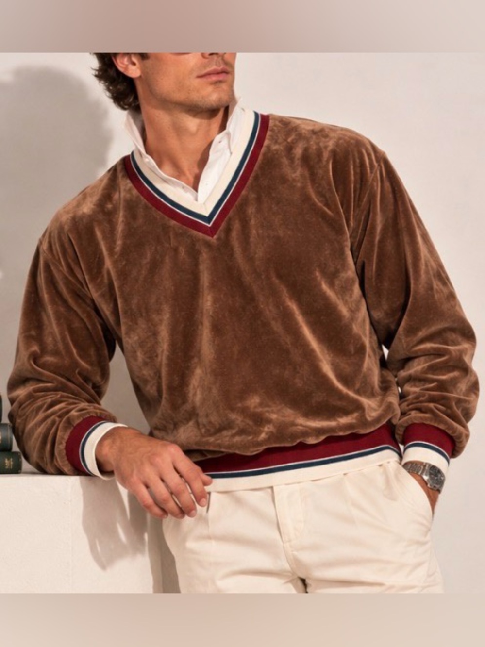 Vintage 80s Oakton Limited Brown Velour V-Neck Sweater M